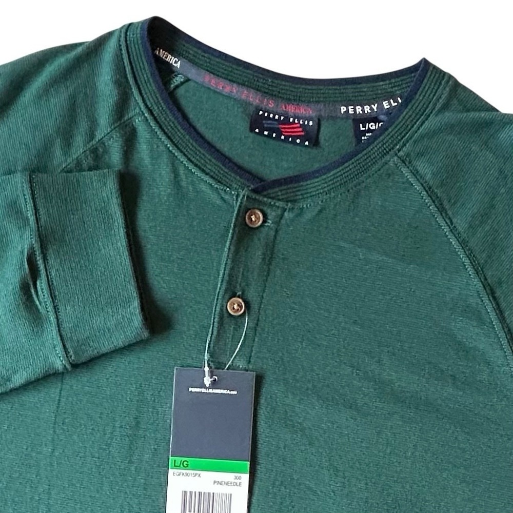 Perry Ellis America Mens Henley Shirt Large Green Long Sleeve Raglan EGFK9015PX